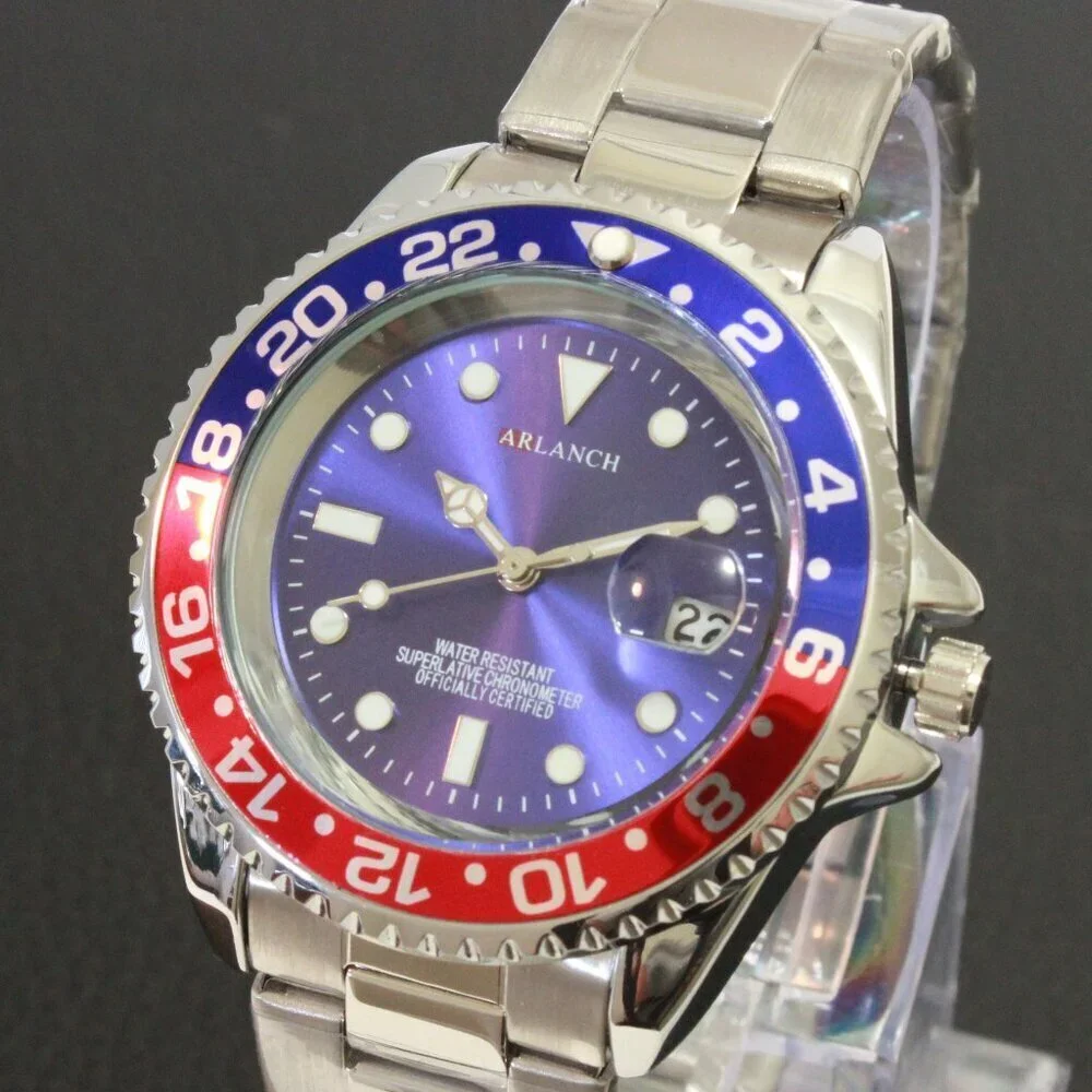 Men's Diver Style Watch Pepsi Bezel Stainless Bracelet 40mm